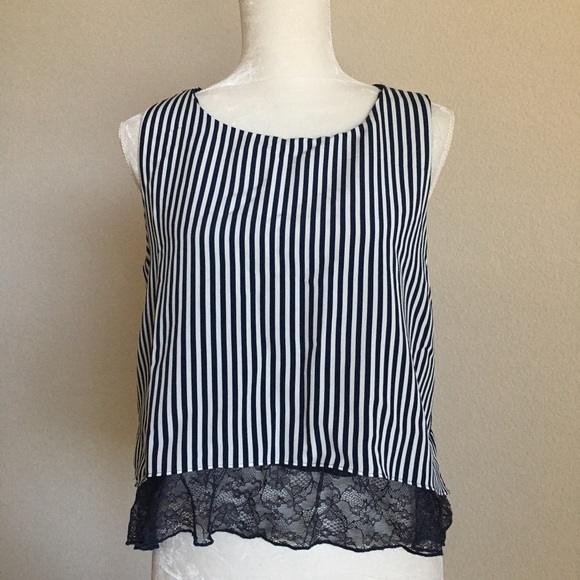 Striped Sleeveless Top w/ Lace Detail - Picture 1 of 5